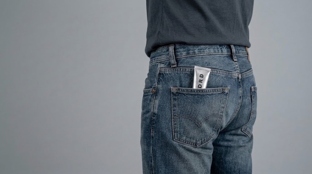 STNDRD lip balm tube tucked in a back jeans pocket