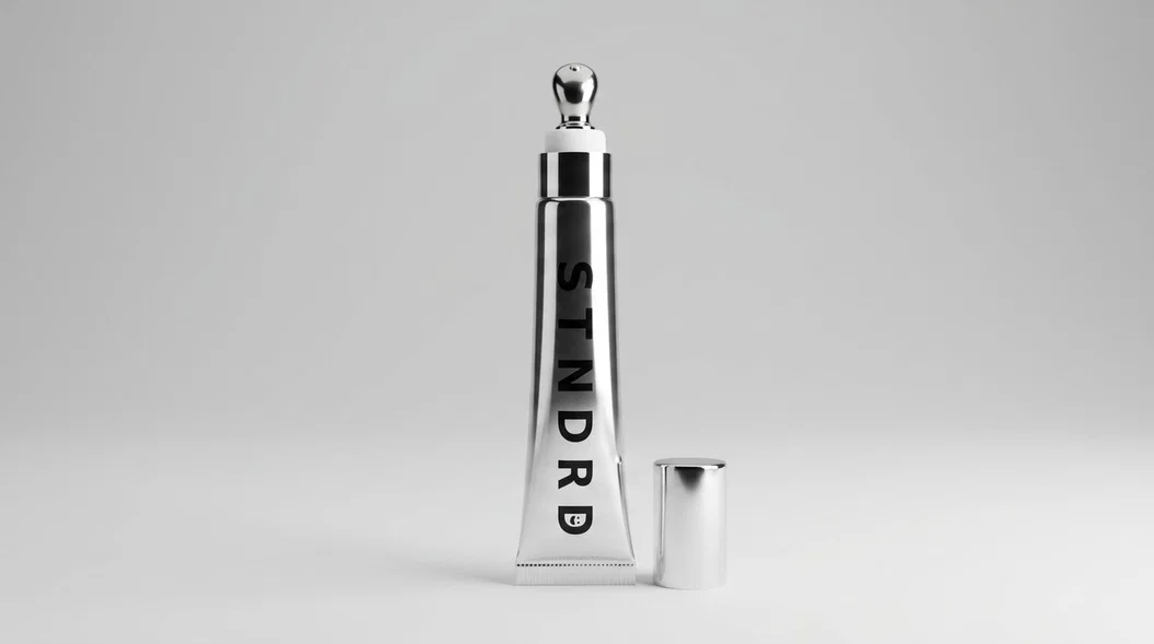 STNDRD lip balm tube standing open with the cap removed beside it