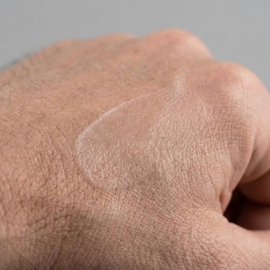 Macro shot of matte balm texture swiped on the back of a hand