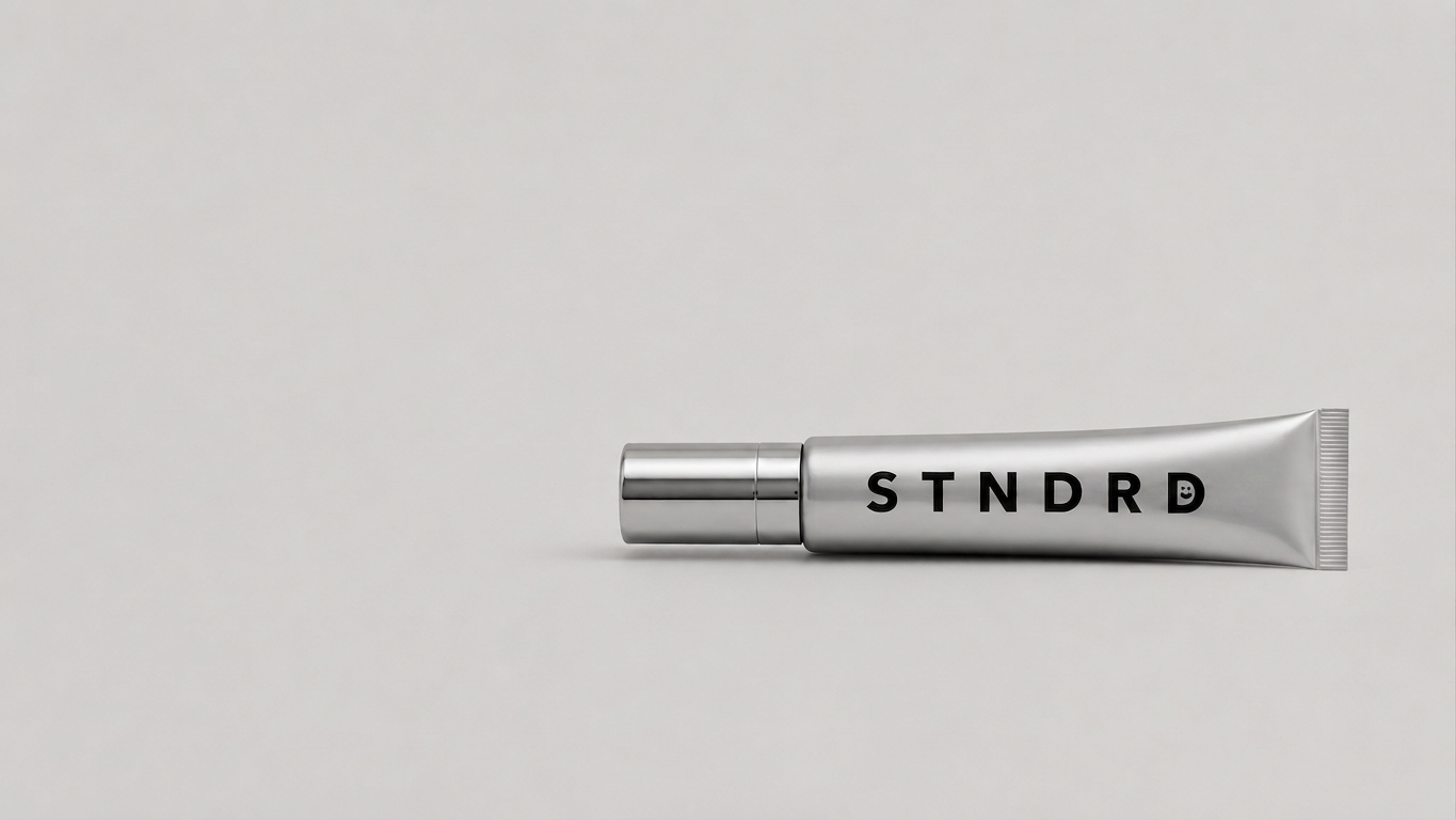 STNDRD lip balm tube resting diagonally on a light grey surface
