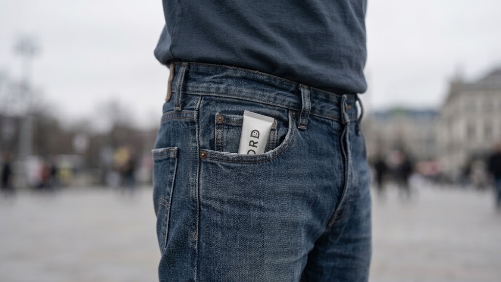 STNDRD lip balm tube in a front jeans pocket outdoors