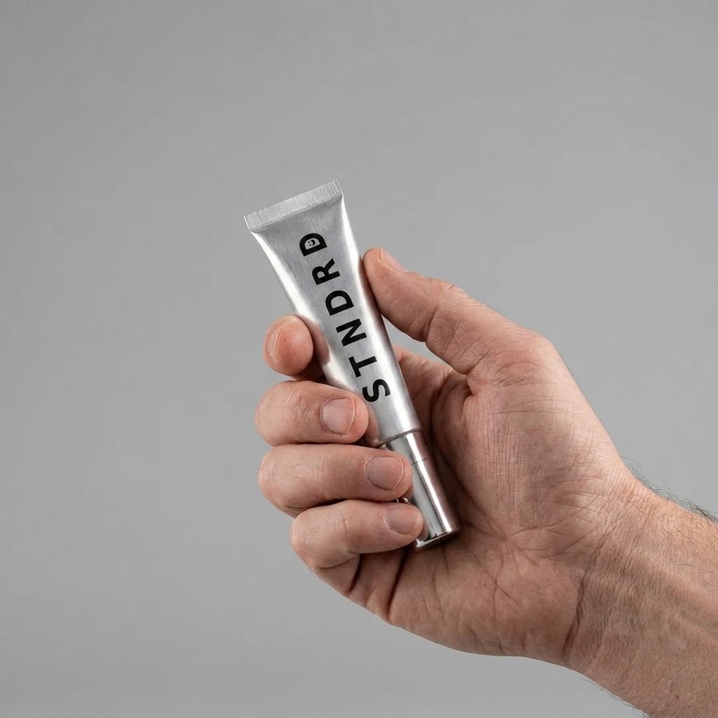 Hand holding the STNDRD lip balm tube